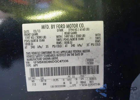 2013 Ford Explorer Xlt из США, поврежденный, VIN 1FM5K8D86DGC47336